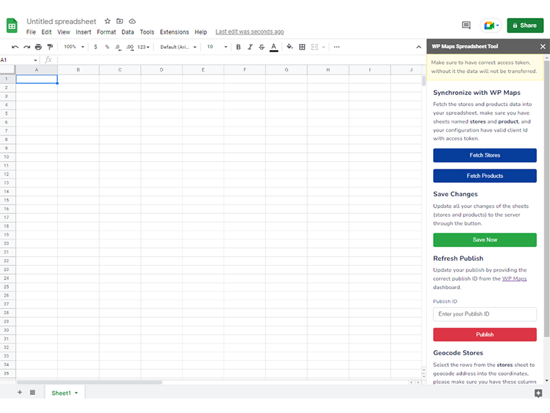 A page of Google Sheets with WP Maps Spreadsheet tool extension.