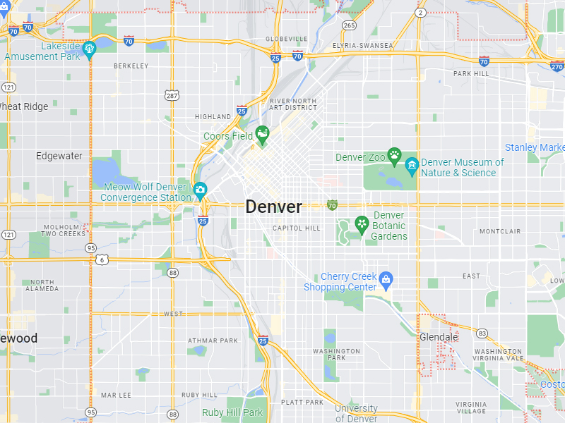 Google Maps interface showing the city of Denver.